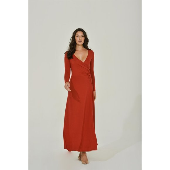 Long Sleeve Maxi Wrap Dress with High Slit | Red | Plunge Neck Dress - Picture 3 of 5